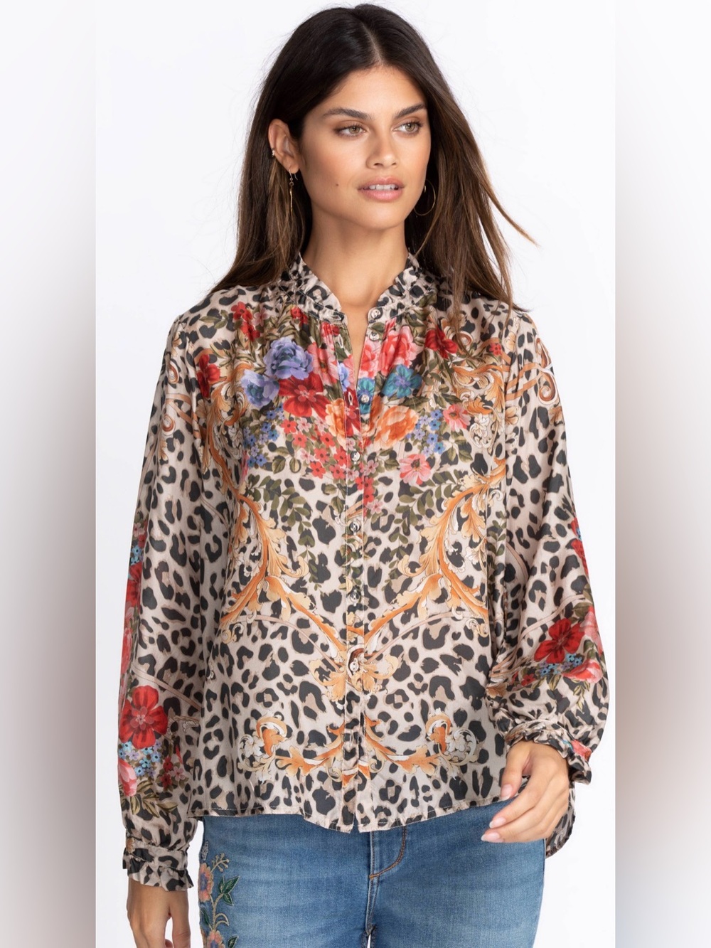 Johnny Was Cheetah‎ Amabel Blouse Silk Button Down Floral Small